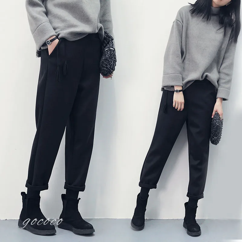 

2019 Fashion Casual Straight Pants Woman Solid Beige Elastic Waist Regular Basic Trousers Autumn Cool Cotton Ankle Length Pants