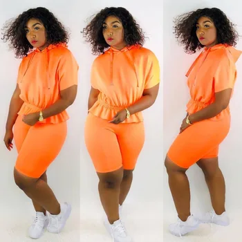 

2019 Solid Color Batwing Sleeve Ruffles Hooded Tops Slim Shorts Casual Tow Piece Outfits