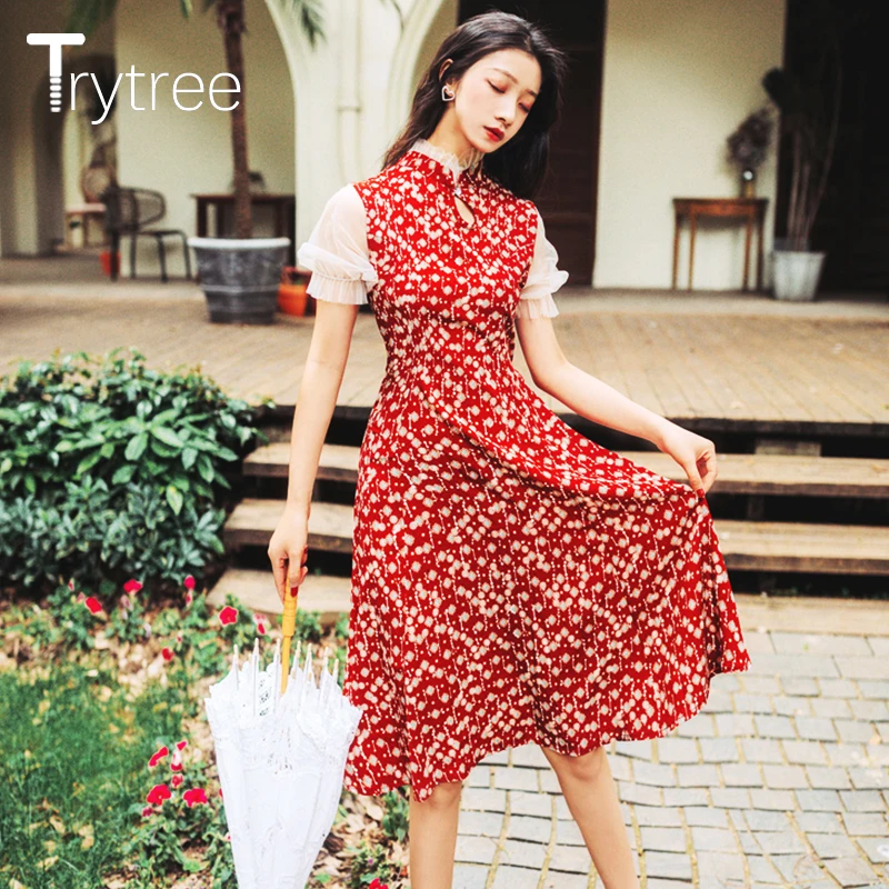 Trytree Summer Women Dress Casual Elegant Mandarin Collar Lantern Sleeve Ruffles Print Dresses Mid-Calf A-line Cheongsam Dress