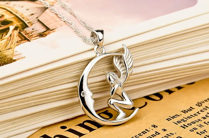 Moon and Angel design pendant necklace for women sterling silver jewelry GND0556 (4)