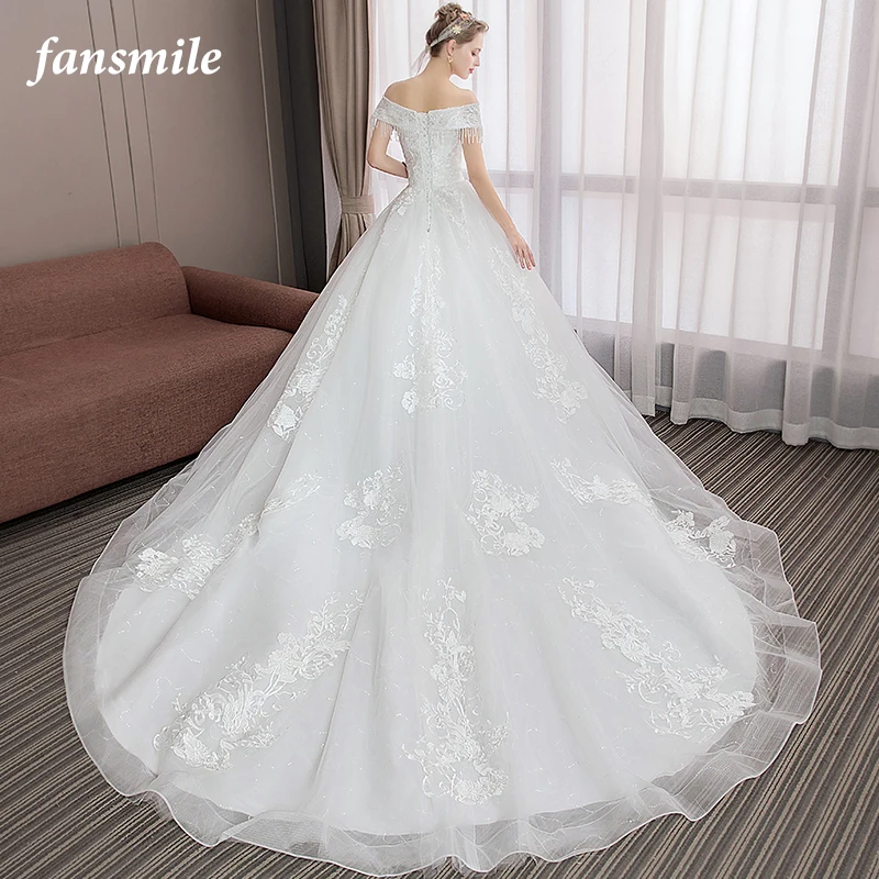 

Fansmile Vestido De Noiva Elegant Long Train Ball Gown Wedding Dress 2019 Robe Mariage Sirene Plus Size Bridal Dress FSM-599T