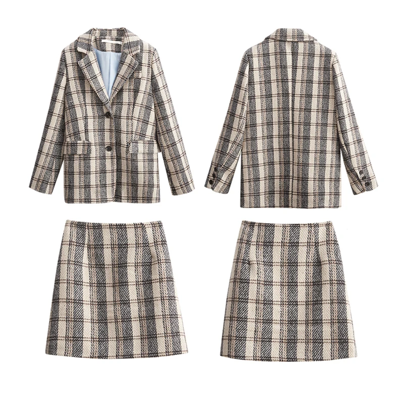 Zipper Ensemble D'hiver Kaki Tweed Veste Crayon Élégant 2 Plaid Minijupe Notch Bouton Deux Femmes T0039 Collar Pièces xvXA4Owv