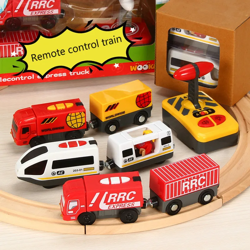 

Remote Control RC Electric Small Train Toys Set Connected with Wooden Railway Track Interesting Present for Children