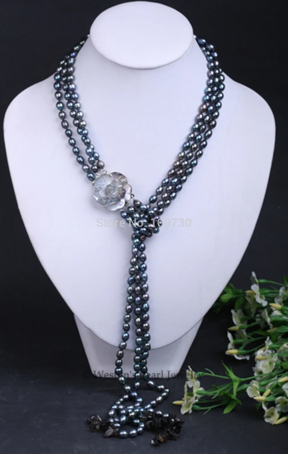 

Jewelry 002818 30" LONG BLACK CULTURED FRESHWATER PEARL NECKLACE SMOKY QUARTZ BEAD SHELL CLASP 5.4