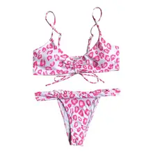 Для женщин сексуальный комплект бикини сексуальное нижнее белье с глубоким v-образным вырезом и рюшами на шнуровке шнурок бюстгальтер с низкой талией стринги с высокой посадкой Брюки Ретро Розовый леопардовый купальник