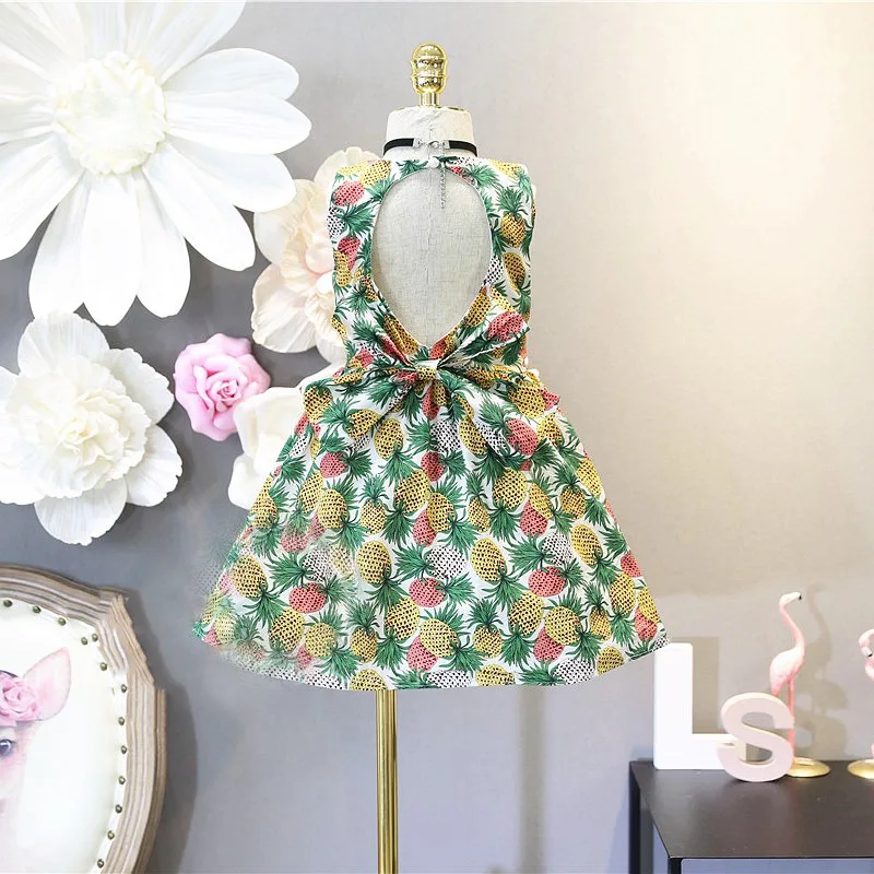 Princess dress Kids Baby Girls Summer Fashionable pineapple print Bows decorate backless pinafore dress children's clothing (1)