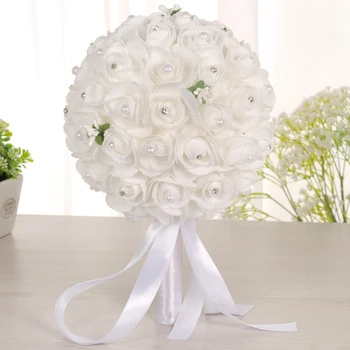 

Artificial Flower Bridal Bouquet High Quality Handwork White Rose With Crystal Ribbon Mariage Wedding Bouquets Accessories