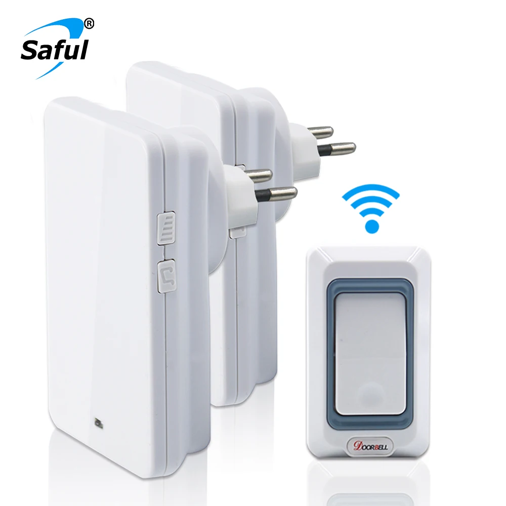 

Saful Plug-in Wireless Doorbell Waterproof Led Light 28 Ringtones with 1 Push Button+2 Receiver EU/US/AU/UK plug