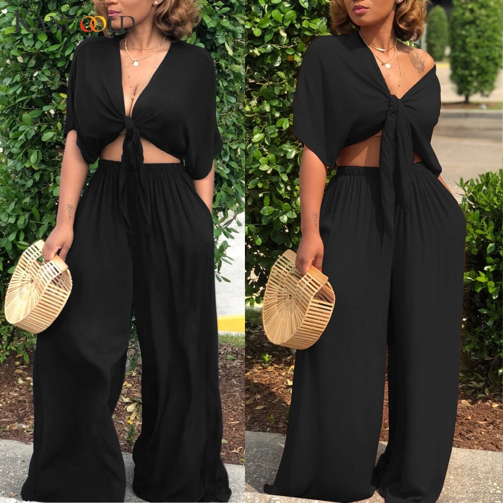 

KANCOOLD Set women Bandage Deep V-Neck Short Sleeve Tops Broad Leg Pants Two Piece Set Bow fashion new women Set 2019FEB7