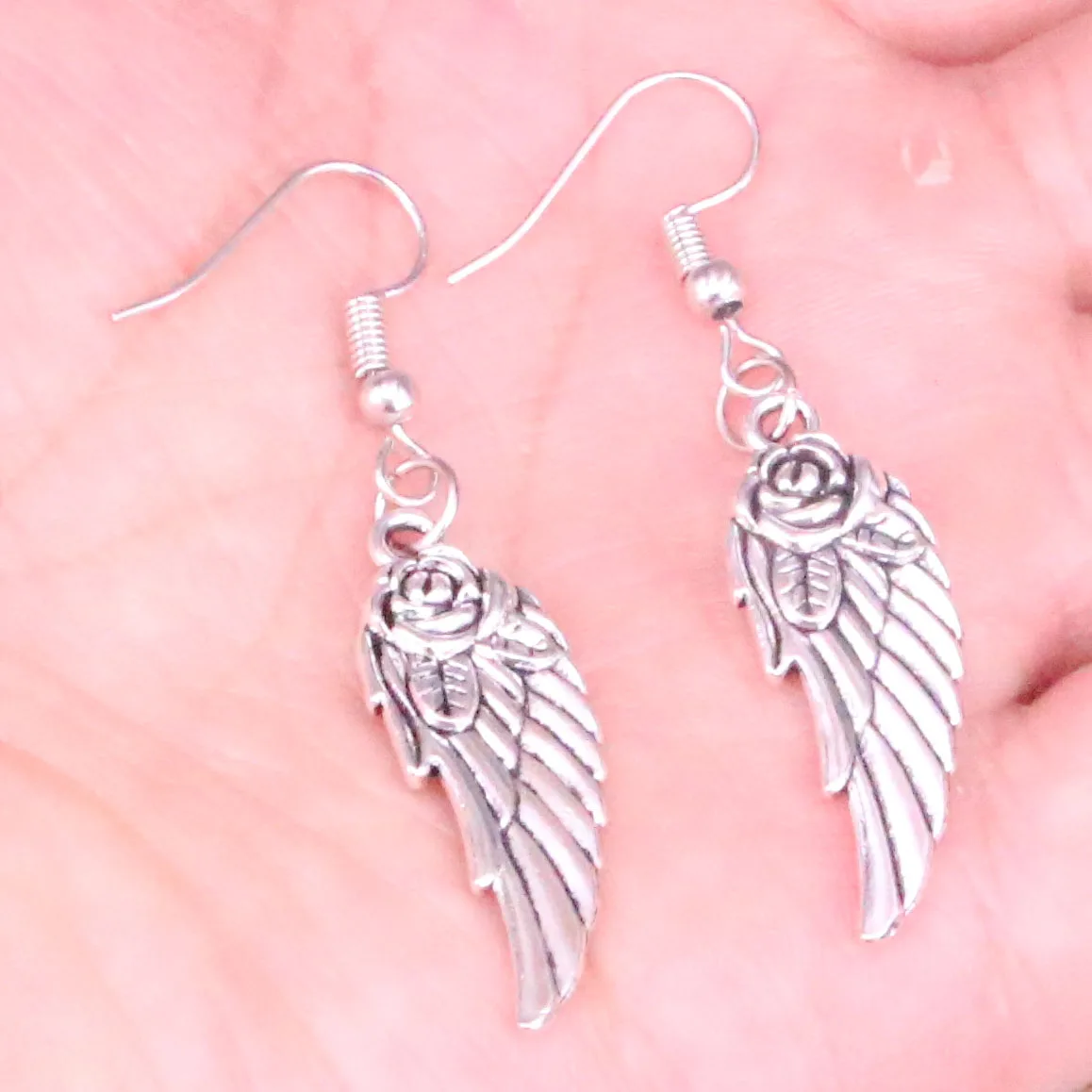 Handmade Antique Silver Color angel wings flower Charm Drop Earring for Womenin Drop Earrings