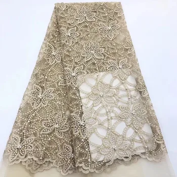 

2019 Latest African Tulle Lace fabric high quality african lace fabric gold 3 d flowers beads lace material for women dress