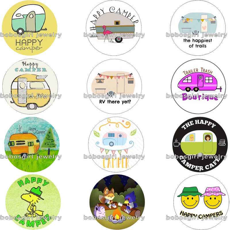 

HAPPY CAMPER car glass snap button photo Round cabochon flat back Gl6901