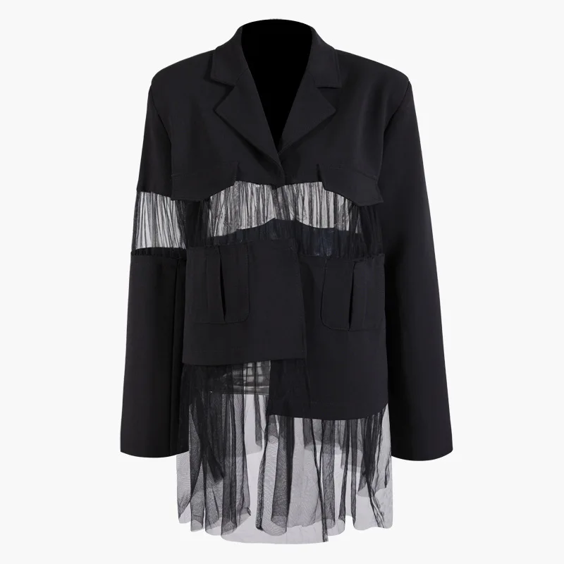 

[EWQ] Summer Coat 2019 Fashion New Pattern V-collar Long Sleeve Solid Patchwork Asymmetrical Mesh Coat Suit Women AG02000