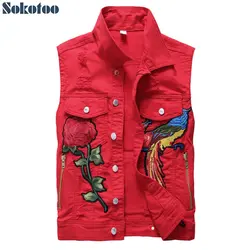 Sokotoo Для мужчин модные красная Роза вышивкой Феникс джинсовый жилет орел вышитые на бретелях жилет