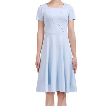 

2018 New Women Solid Dress Fashion Square Collar Short Sleeve Pleated Dresses