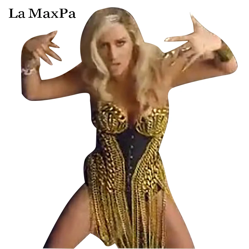 

2016 Novelty Original Designed female singer costume slim Sexy Handmade Gold chain tassel perform bodysuit stage show dance outf