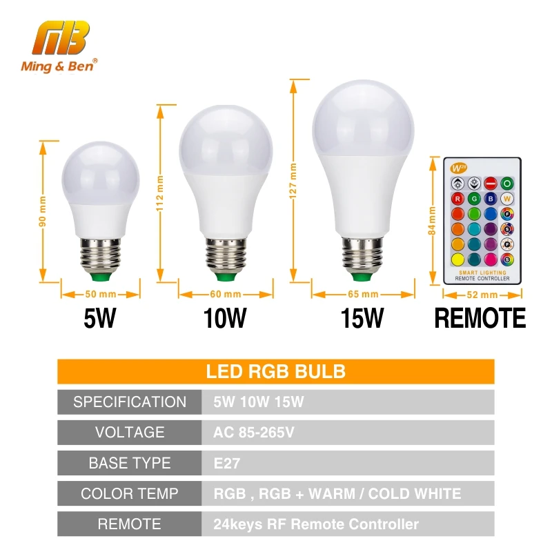 Светодиодная лампа RGB 5 Вт 10 15 E27 AC85 265V 16 изменяемый цвет с функцией памяти + ИК