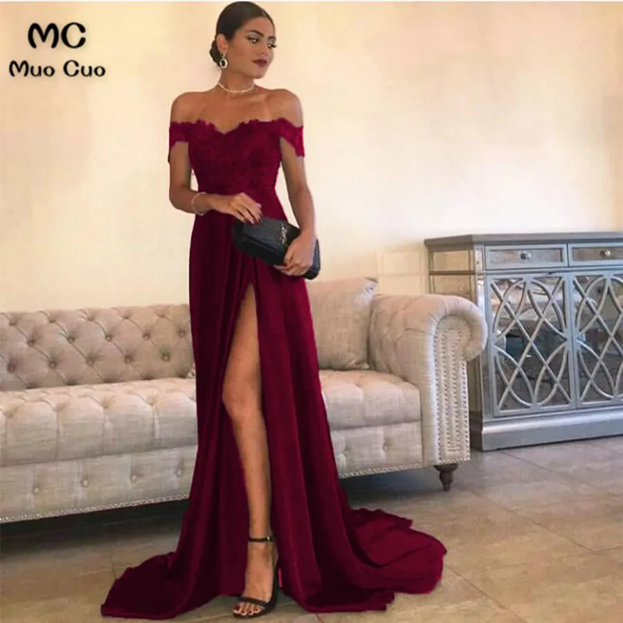 Sexy Leg Slit Long Satin Sweetheart Prom Dresses Lace Off The Shoulder Evening Gowns4