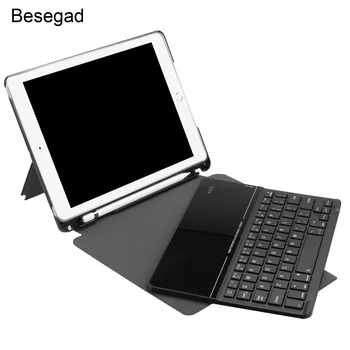 

Besegad PU Leather Case Cover Skin Protector with Pencil Holder Bluetooth Tempered Glass Keyboard for Apple iPad 9.7 2017 2018