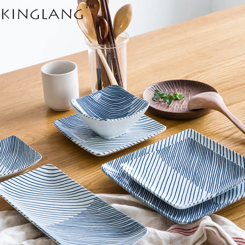 

KINGLANG Ceramic Porcelain Diagonal Stripes Pattern Rice Bowl Square Plate Long Plate Dish