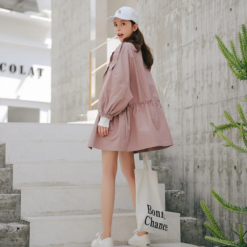 

Thin Wide-waisted Designer Women Spring Trench Coat 2018 Zipper European Windbreaker Solid Turn-down Collar Autum Streetwear