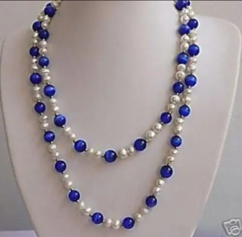 

YCFU,.V Free shipping 51 inches beautiful White pearl&Blue opal necklace