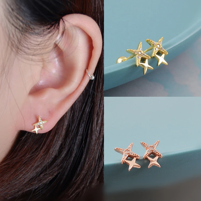 

925 sterling silver earring simple Double stars small zircon screw stud earring cute sweet ear bone nail girl women ear jewelr