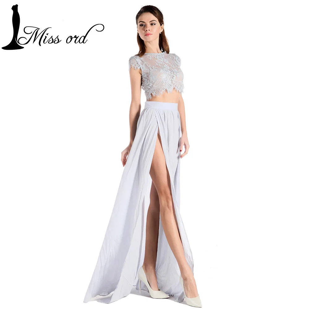  Free shipping Missord 2016 Sexy round neck short sleeve 3 in 1 dress Lace stitching split dress FT5069 