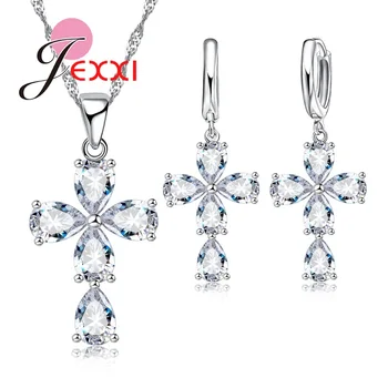 

Unique Fashion Design Jewelry Set CZ Crystal Flower Earrings and Pendant Necklace 925 Sterling Silver Jewelry Set