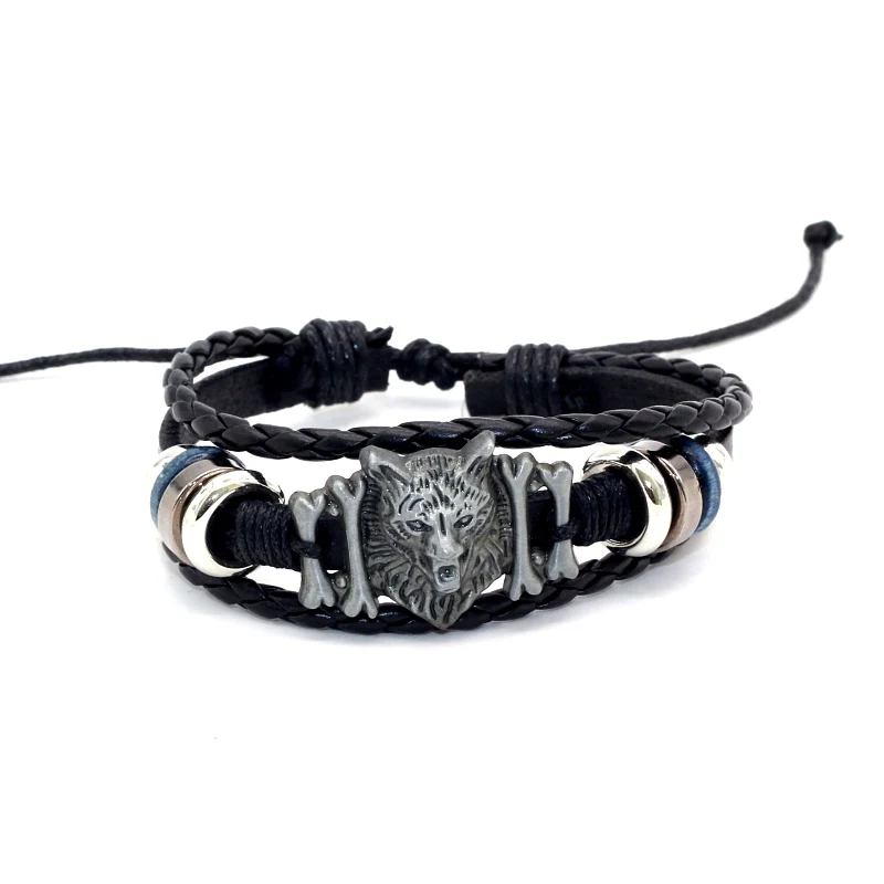 Vintage Wolf Bones Bracelet Handmade Woven Elegant Punk Leather Charm