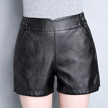 

2017 New Autumn and Winter Women PU leather Shorts Elastic Mid waist Straight female casual shorts loose style plus size 4XL