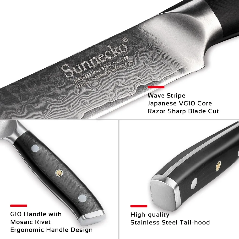 SUNNECKO 2 шт. нож из дамасской стали комплект Santoku универсальный нож для очистки овощей японский VG10 Core Шлифовальный G10 ручка шеф-повара нарезки лосося повара ножи