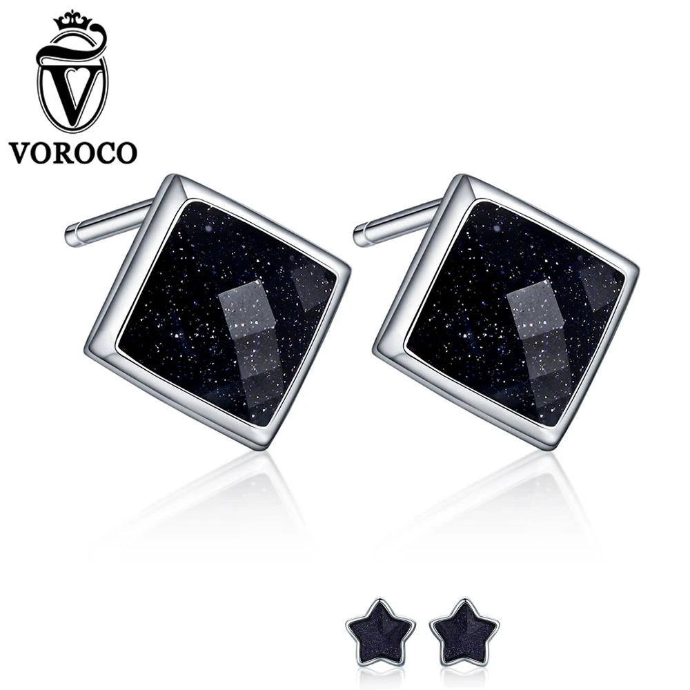 3 Style VOROCO Pure Sterling Silver Aventurine Deep Purple Goldstone Simple Geometry Stud Earrings for Women Fine Jewelry VSE105