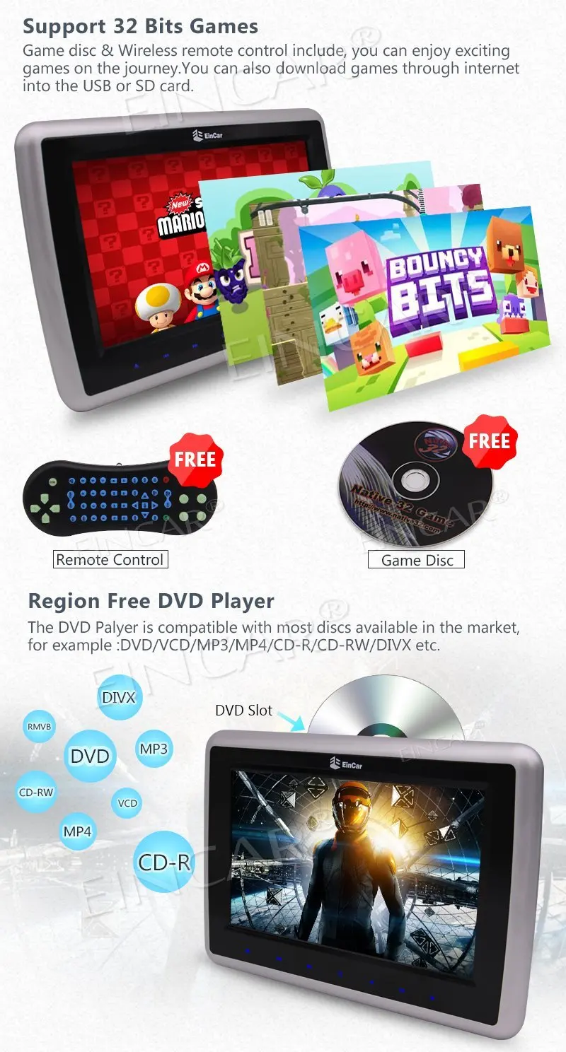 Pair of headset included! Dual 9'' Backseat DVD Player Car Headrest Monitor Support HDMI/USB/SD Input IR/FM/Speaker 32 Bits Game