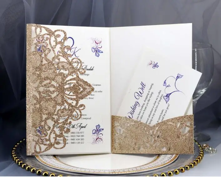 Rose Gold 100 компл./лот блестящая специальная бумага, сделанная Laer, Свадебное приглашение с 2 шт. внутренней карты, 5 цветов - Цвет: Rose Gold