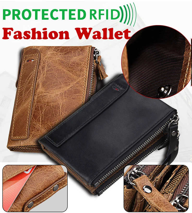 Genuine Crazy Horse Cowhide Leather Men Wallet Short Coin Purse Small Vintage Wallets Anti-RFID Pirate Brush Men Purse (1)