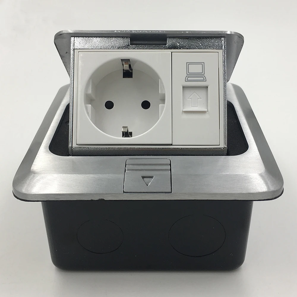 

All Aluminum Silver Panel EU Standard Pop Up Floor Socket Electrical Outlet With RJ45 Internet Computer Port