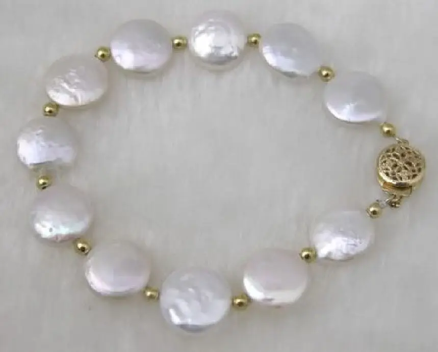 

CHARMING NATURAL 14-15MM ROUND AKOYA WHITE PEARL BRACELET GOLD CLASP @^Noble style Natural Fine jewe SHIPPING new >>free shi