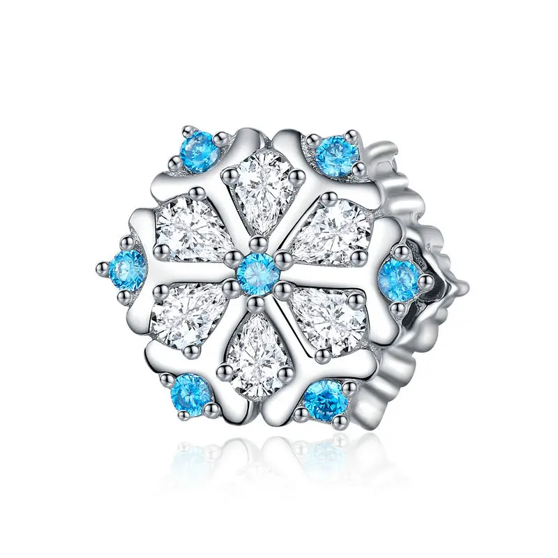 BISAER 925 Sterling Silver Blue CZ Winter Snowflake Crystal Beads for Women Jewelry Making Original Silver Charm Bracelet Gifts