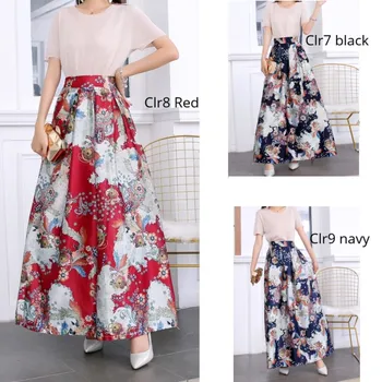 

Fashion Women Plus Size 3XL 2XL Spring Summer Skirt Elastic High Waist Long Skirt Vintage Floral Print Floor Skirts With Pocket