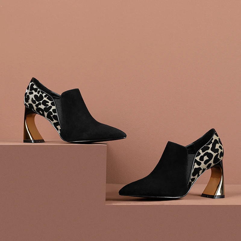 women shoes Leather sheep suede 22-26 cm length pumps women shoes high heels Pointed toe leopard stitching ladies shoes