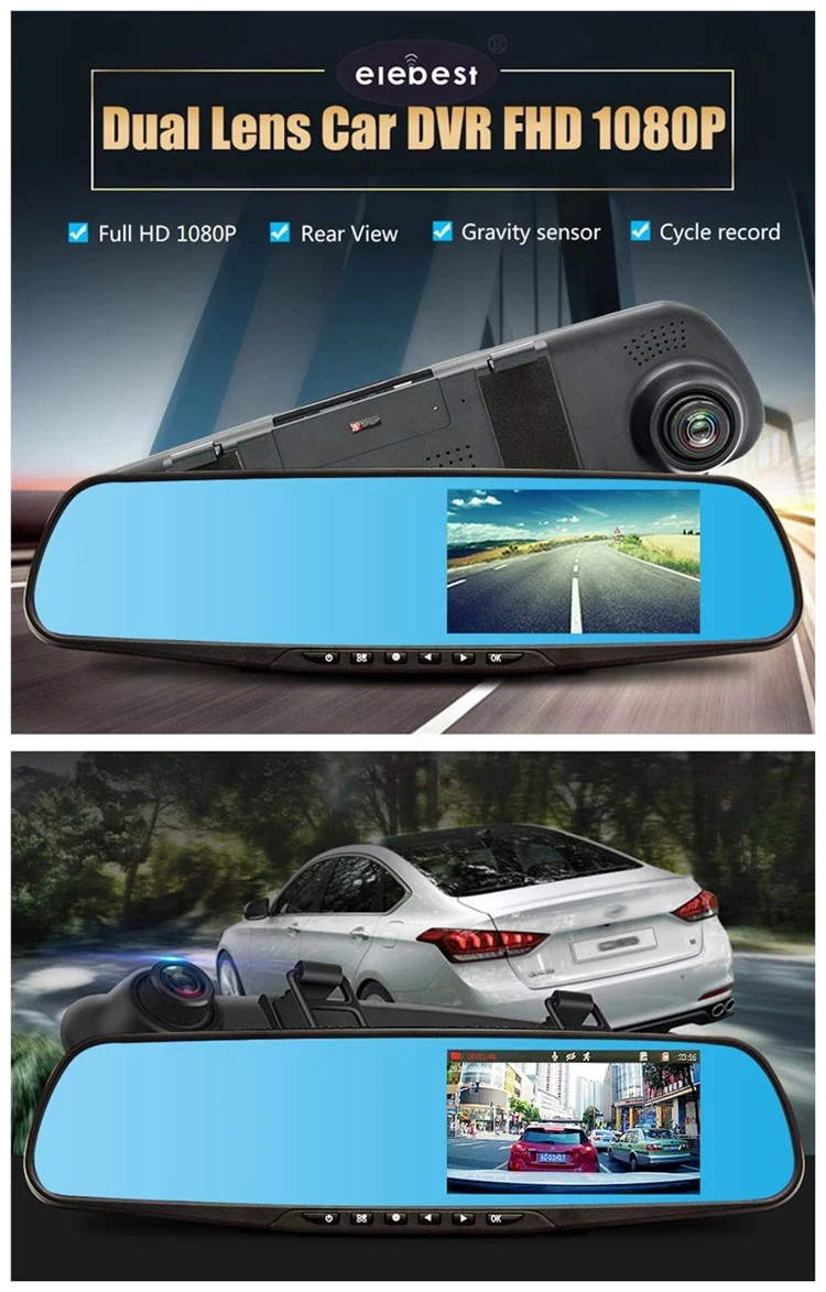 Elebest D02 видеорегистратор с ночным видением, Автомобильный видеорегистратор, камера с зеркалом заднего вида, цифровой видеорегистратор, автомобильная видеокамера, видеорегистратор, 1080 P, двойной объектив