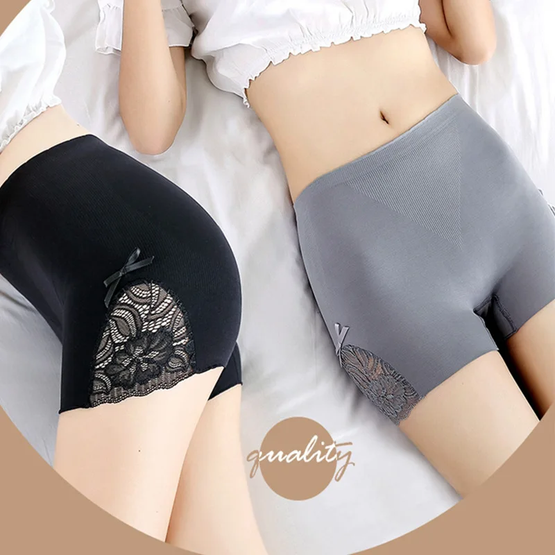 

2019 Safety Short Pants Super Elastic 4 Colors Seamless Sexy Lace Bow Under Anti Emptied Boyshorts Skirts High Waist Panties