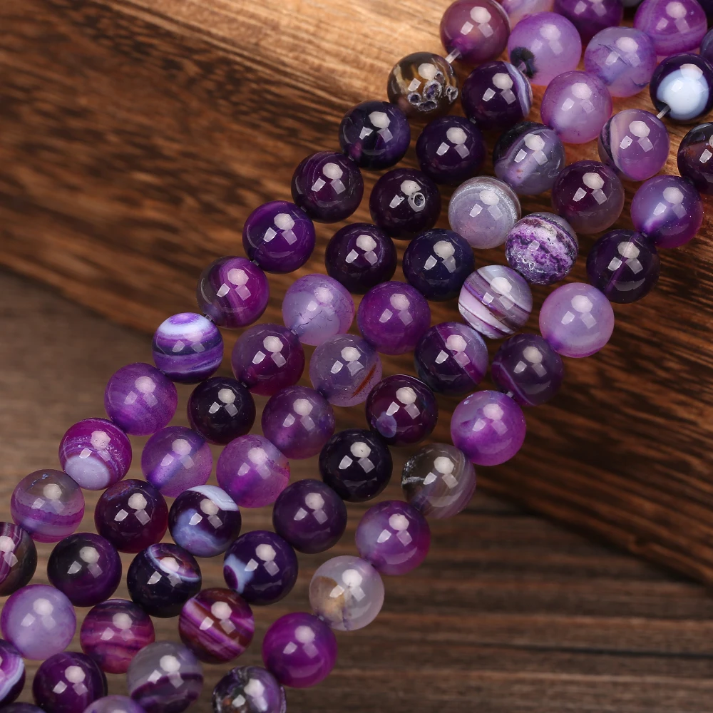 Purple Natural Stone Banded Agat Round Beads For Jewelry Making DIY Bracelets Necklace 4 6 8 10 12 mm 15'' Accessory | Украшения и