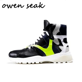 

Owen Seak Men Boots High Ankle Luxury Trainers Genuine Leather Winter Boots Lace Up Casual Sneaker Flats Black White Shoes