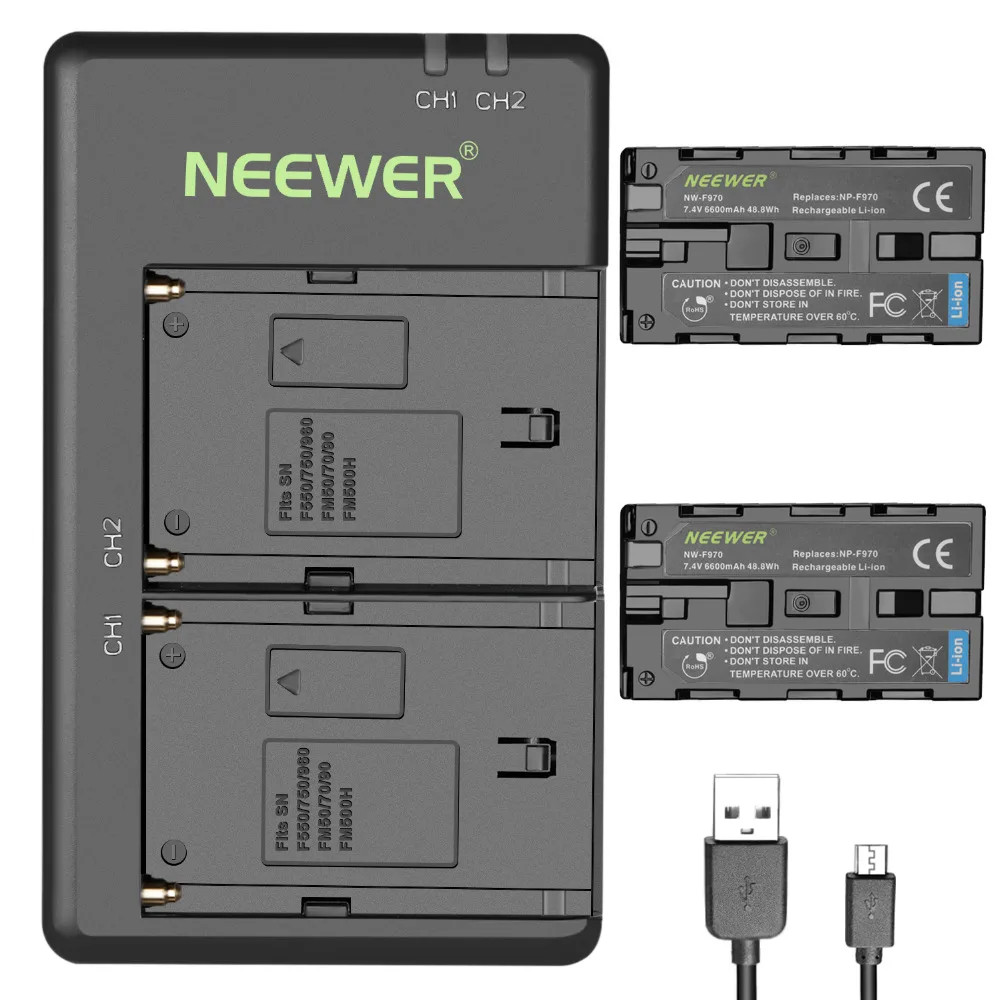 Neewer 2 шт. в комплекте 6600 мА/ч, литий-ионный аккумулятор замена Батарея с USB Зарядное устройство для sony NP-F550 570 750 770 970 960 975, sony Handycams