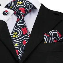 C-1208 Hi-Tie черные мужские галстуки наборы новейший дизайн шелковые галстуки с принтом карманные Квадратные запонки Цветочные Галстуки для мужчин костюм