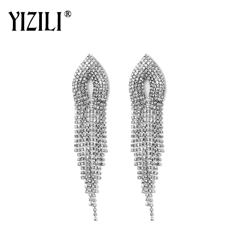 Женские длинные серьги кисточки YIZILI серебристые/золотистые висячие со стразами