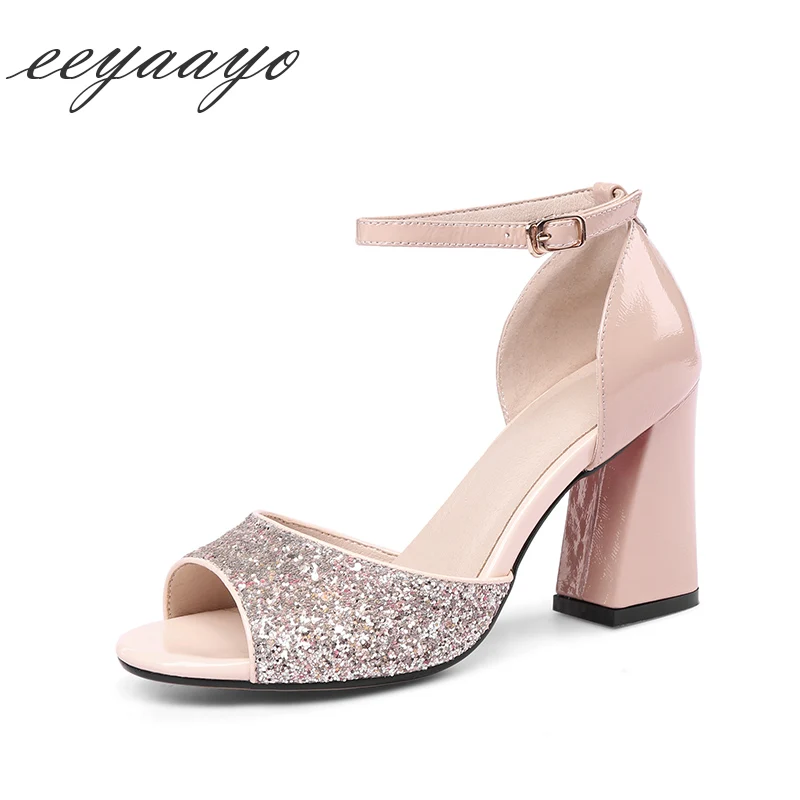 

women sandals Genuine leather high chuncky heel cow leather buckle strap cover heel elegant sexy ladies black pink women shoes