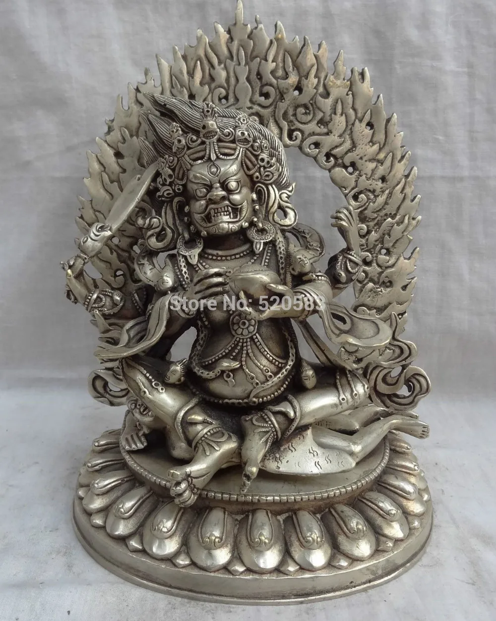 

free 9" Tibetan Silver Vajra 4 Arms Mahakala Buddha Tibet Jambhala Statue fast